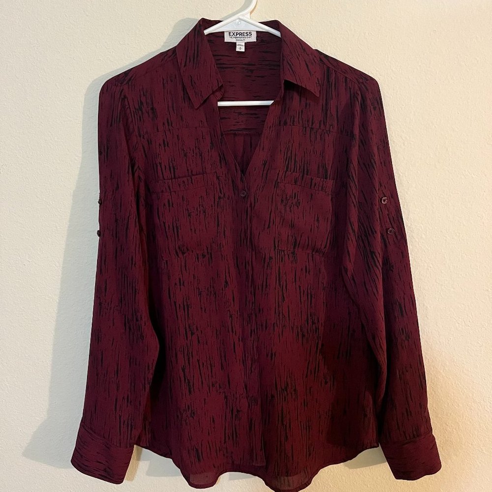 Express The Portofino Shirt Women's Burgundy Pattern Long Sleeve Top Small